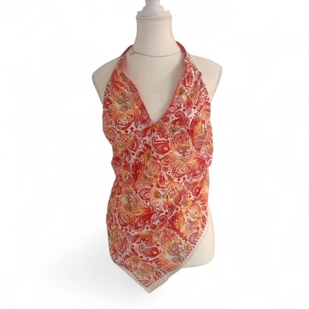 Orange and red paisley halter top with tie back size large